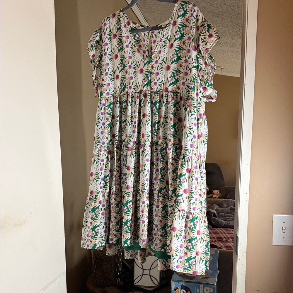 entro White Daisy Print Swing Dress with Pink & Green - Picture 2 of 6